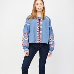 EUC‎ Anthropologie RD + Koko Jacket in Slate Blue w/ Red White Embroidery LARGE